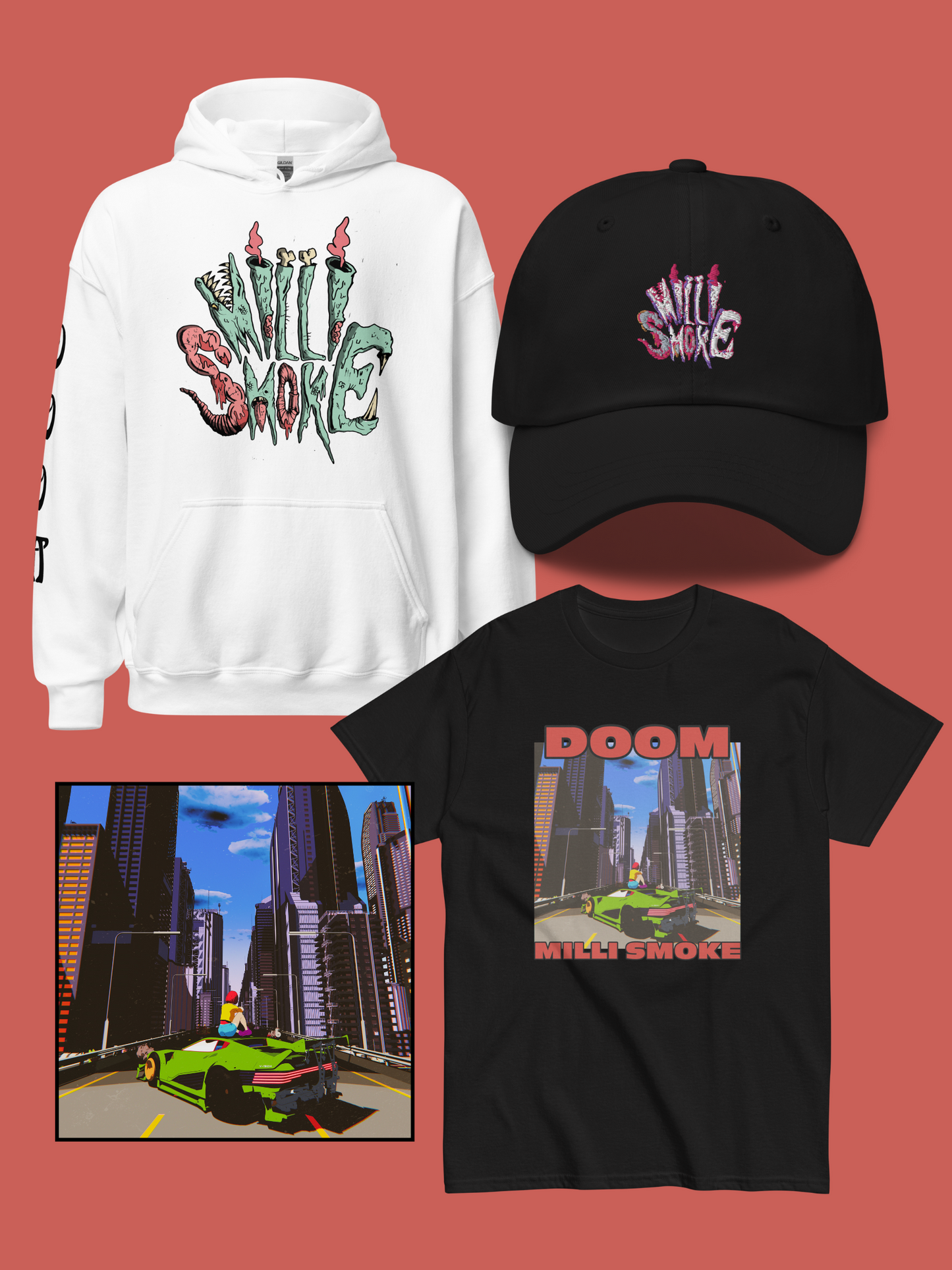 SMOKE PACK 2 (WHITE MS LOGO HOODIE + BLACK DOOM T-SHIRT + DAD HAT + DOOM DIGITAL DOWNLOAD)